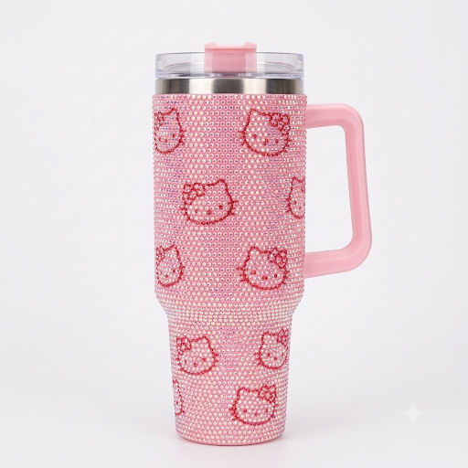 Rhinestone Bling Cartoon Cat Print Insulated Tumbler with Handle