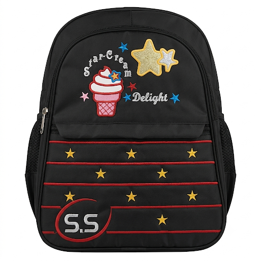 SS Kids School Bag – Embroidered Backpack with Star & Bear Design
