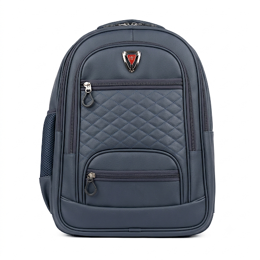 Navy Leather-Finish Quilted Backpack