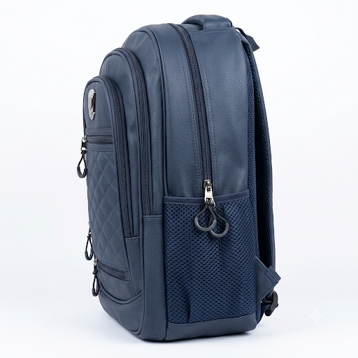 Navy Leather-Finish Quilted Backpack